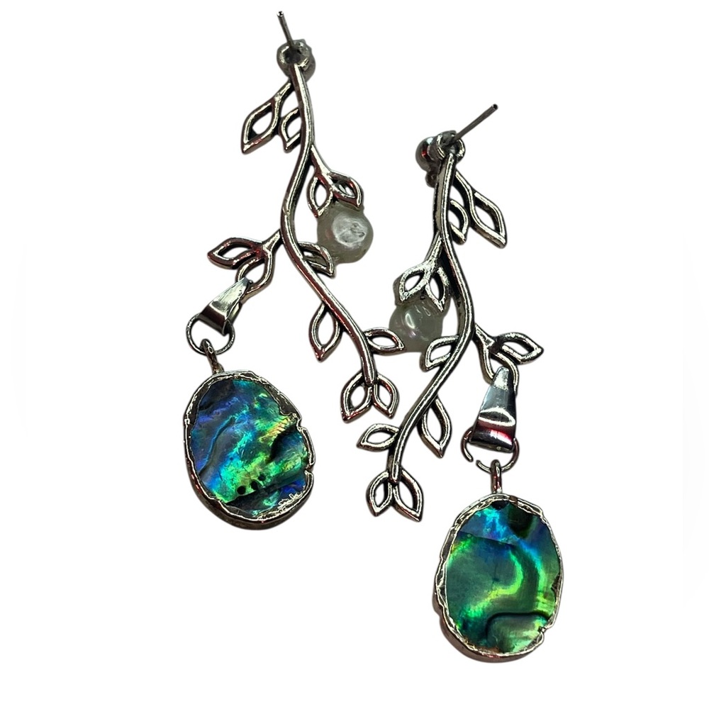 Handmade Silver Leaf Cross Heart earrings White pearl Aurora Barriles Charm - Picture 6 of 12